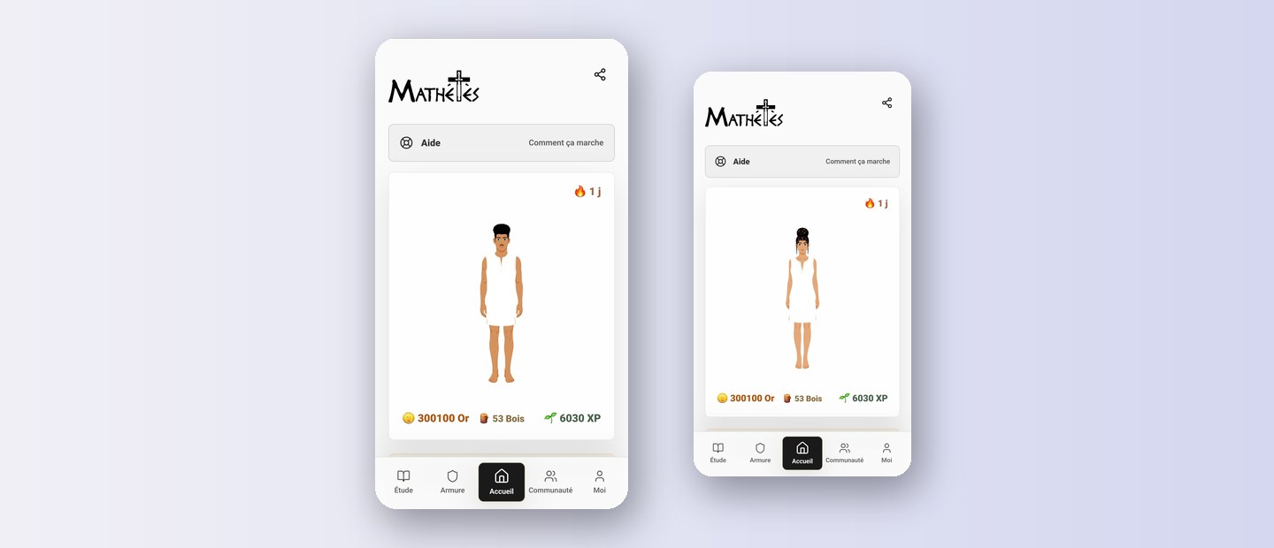 Deux écrans de l'application Mathétès montrant un personnage et le compteur de progression : or, bois et points d'expérience